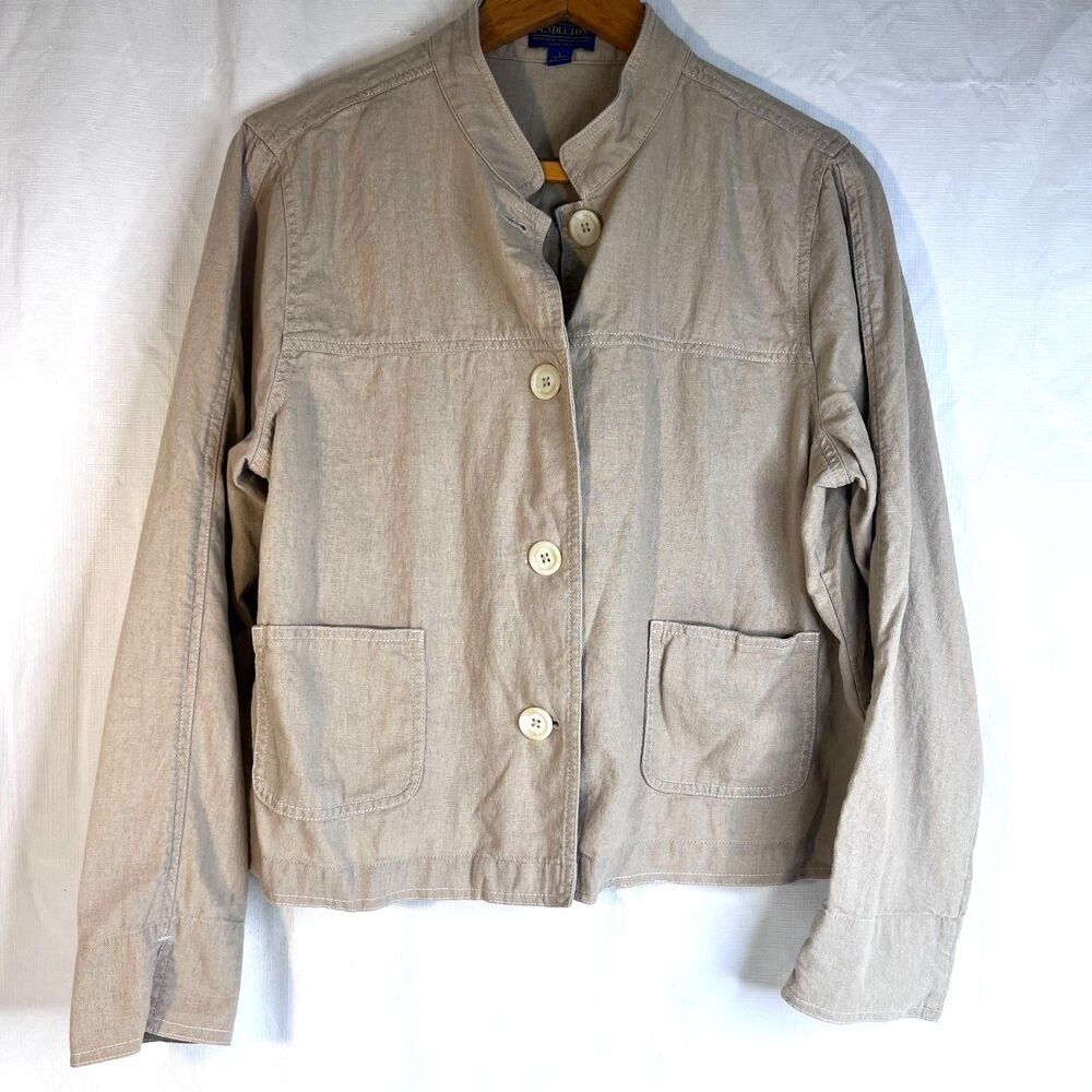 Pendleton Linen Jacket Khaki Lightweight Crop Mandarin Size Large Button Front